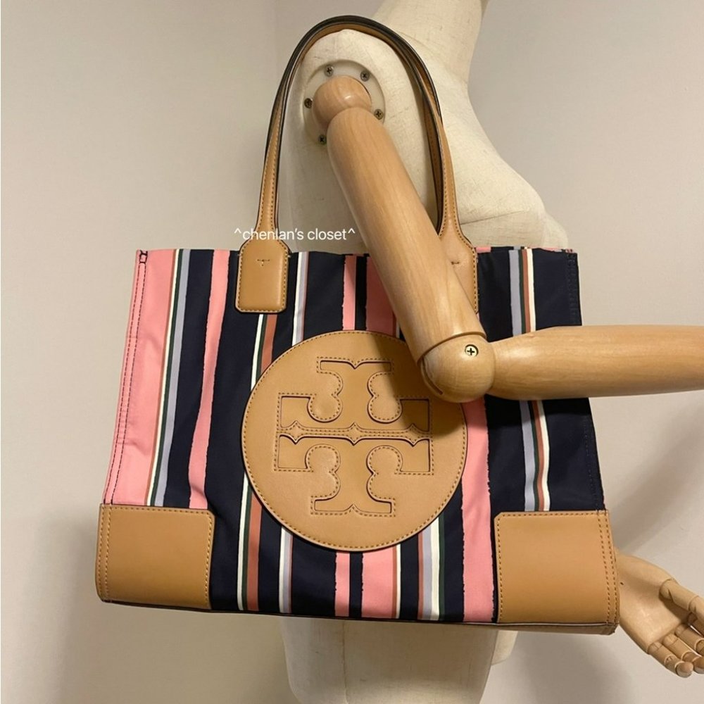 Tory Burch Navy, Pink & Tan Striped Tote - Picture 4 of 11